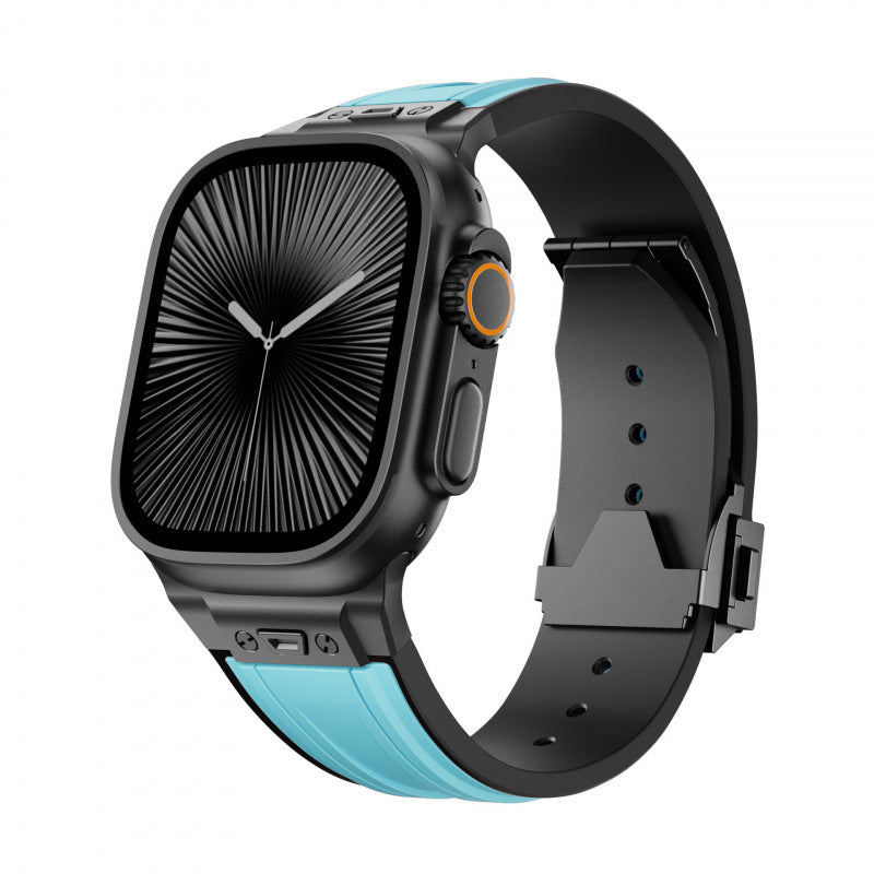 iBandGear Rugged Elastic Silicone Band for Apple Watch Adventure Sport Style - Black-Blue