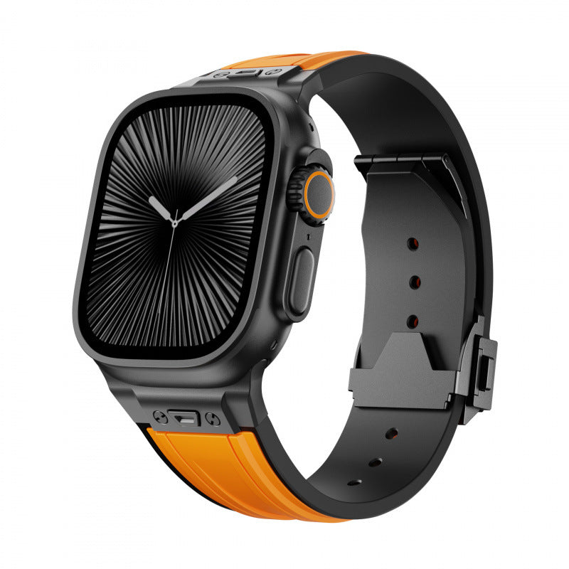 iBandGear Rugged Elastic Silicone Band for Apple Watch Adventure Sport Style - Black-Orange