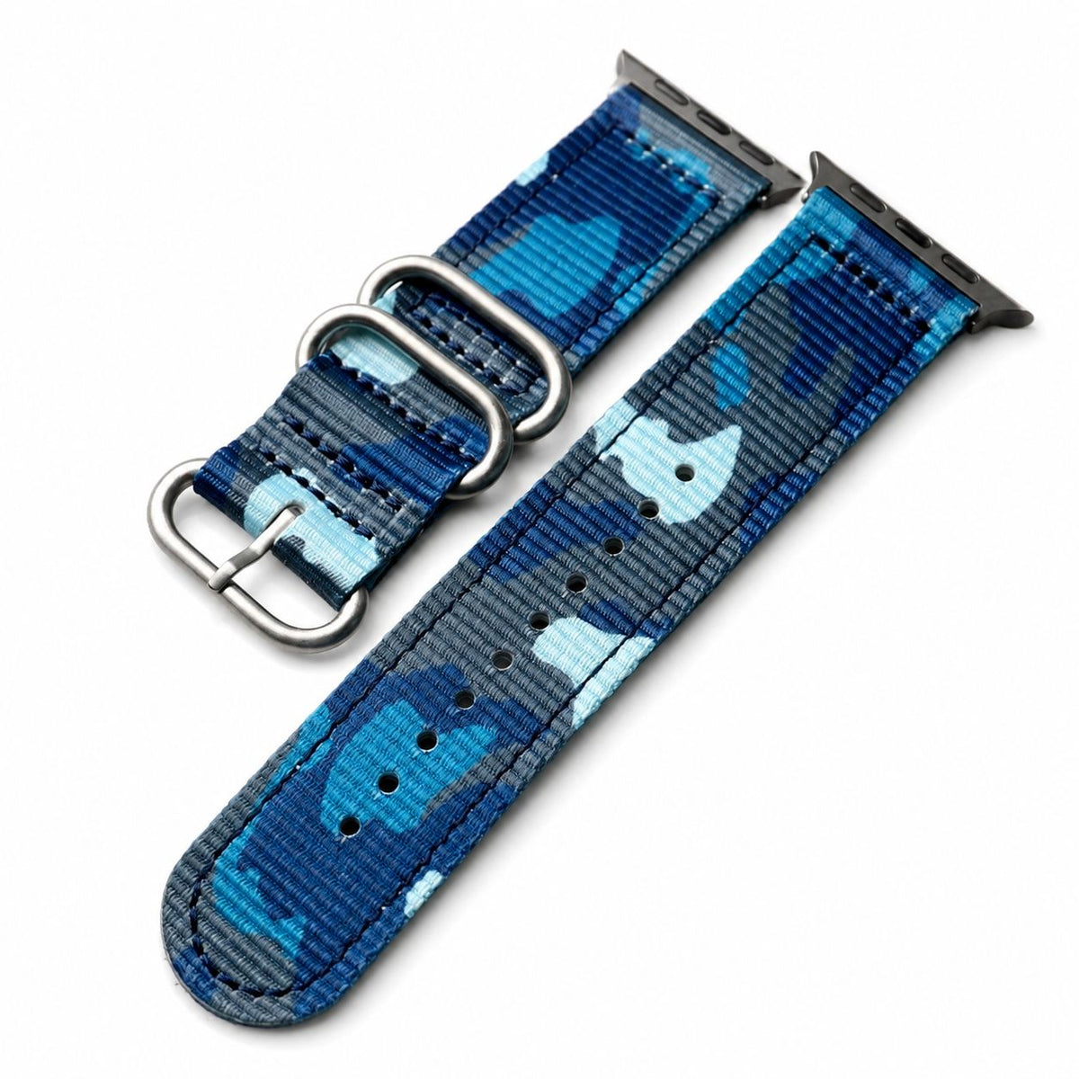 iBandGear Rugged Nylon Tactical Band for Apple Watch – Outdoor Camo Style - Blue-Silver