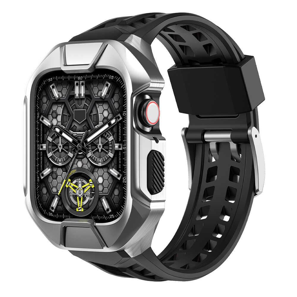 iBandGear Rugged Silicone Band for Apple Watch with Armor Case - Silver
