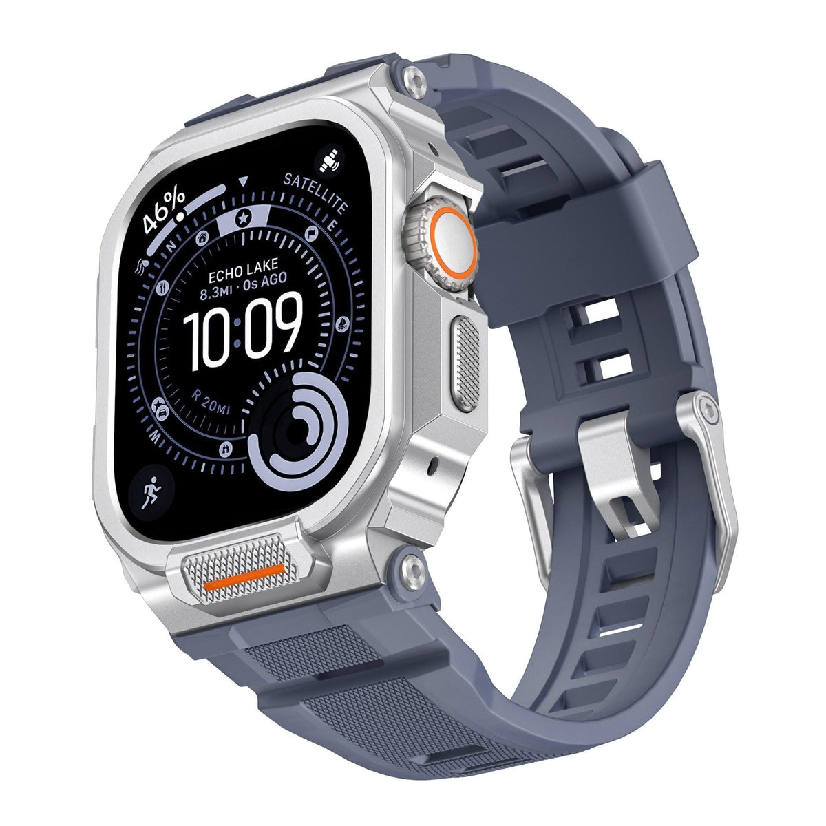 iBandGear Rugged Silicone Band with Metal Case Combo for Apple Watch - Silver / Blue-Gray