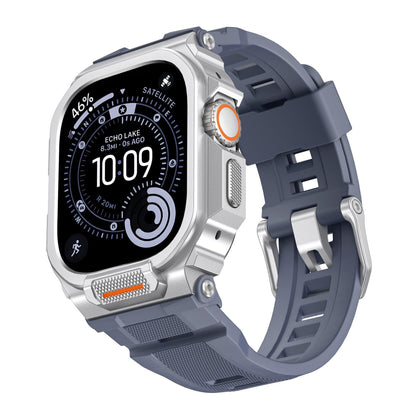 iBandGear Rugged Silicone Band with Metal Case Combo for Apple Watch - Silver / Blue-Gray