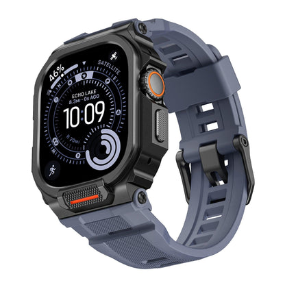 iBandGear Rugged Silicone Band with Metal Case Combo for Apple Watch - Black / Blue-Gray