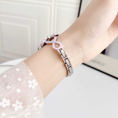 iBandGear Sculpted Bow Silver-Pink bracelet links on wrist