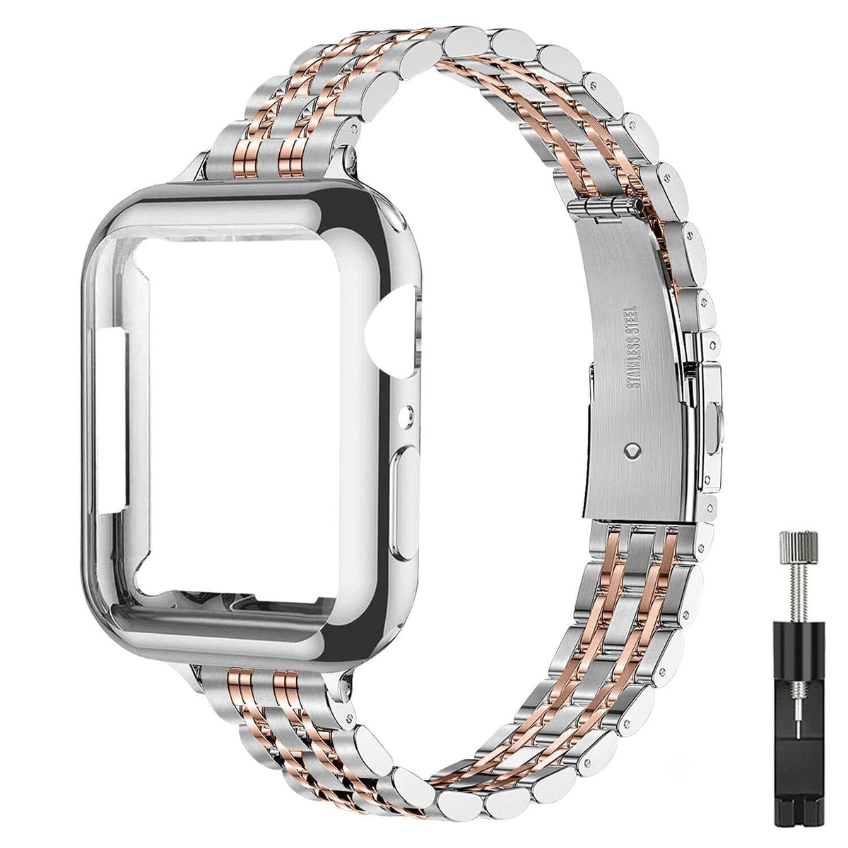 iBandGear Slim Stainless Steel Bracelet Case Band for Apple Watch - Silver-Rose Gold