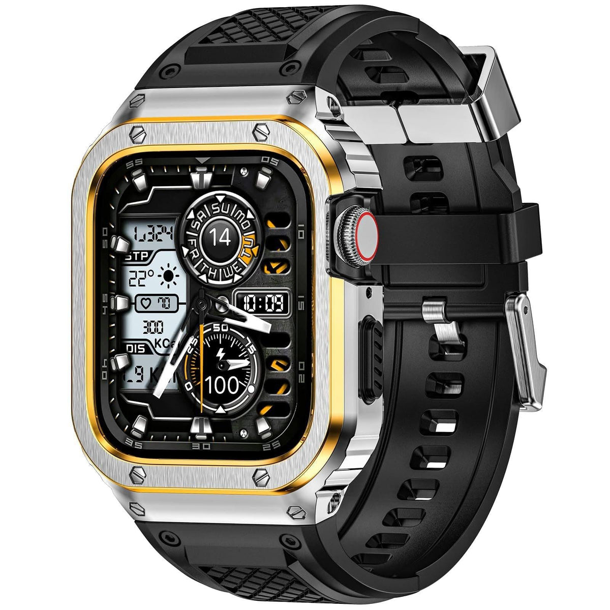 iBandGear Stainless Steel Armor Case with Silicone Band for Apple Watch - Silver-Gold
