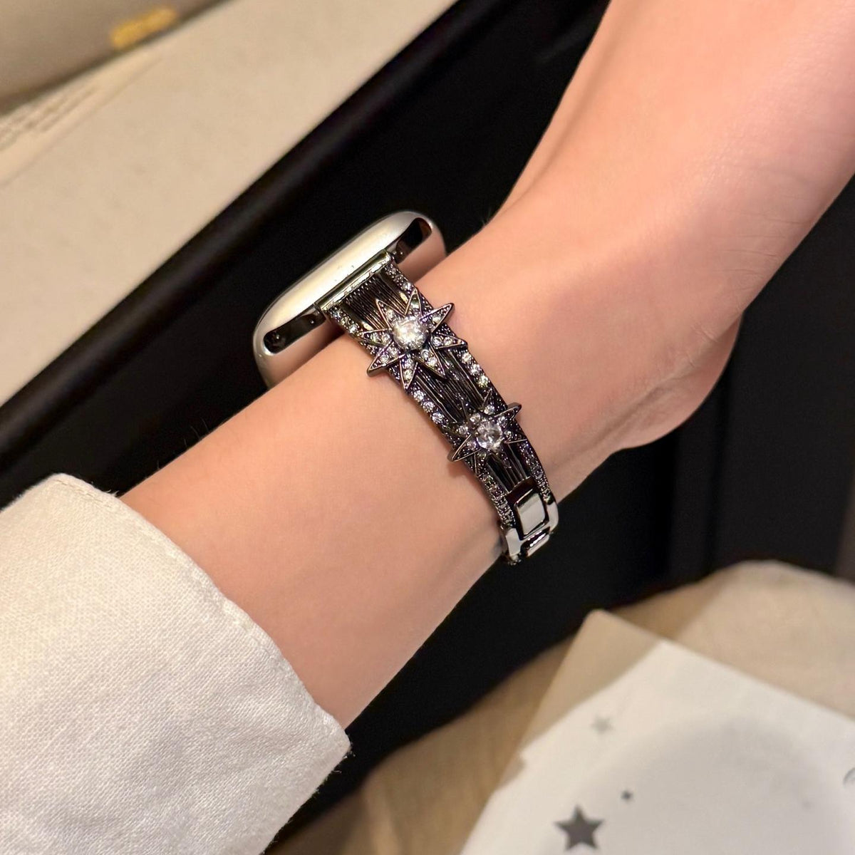 Black Starburst Crystal Apple Watch bracelet band worn on the wrist