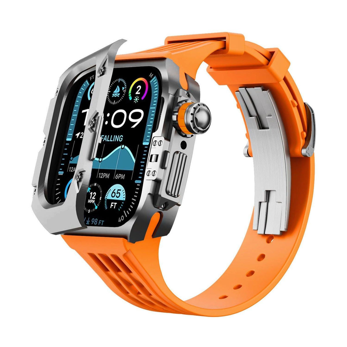 iBandGear Titanium DLC Armor Case with Fluoroelastomer Band for Apple Watch - Space Gray-Orange
