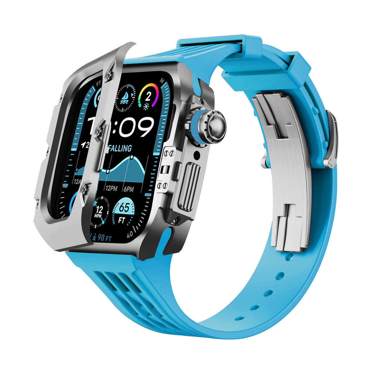 iBandGear Titanium DLC Armor Case with Fluoroelastomer Band for Apple Watch - Space Gray-Blue