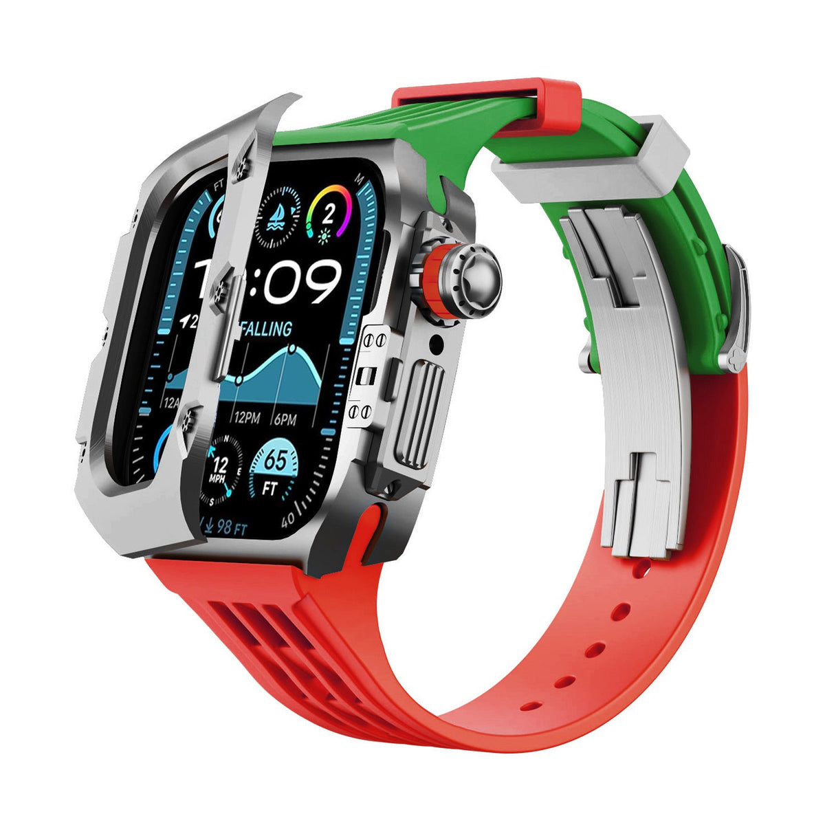 iBandGear Titanium DLC Armor Case with Fluoroelastomer Band for Apple Watch - Space Gray-Red-Green