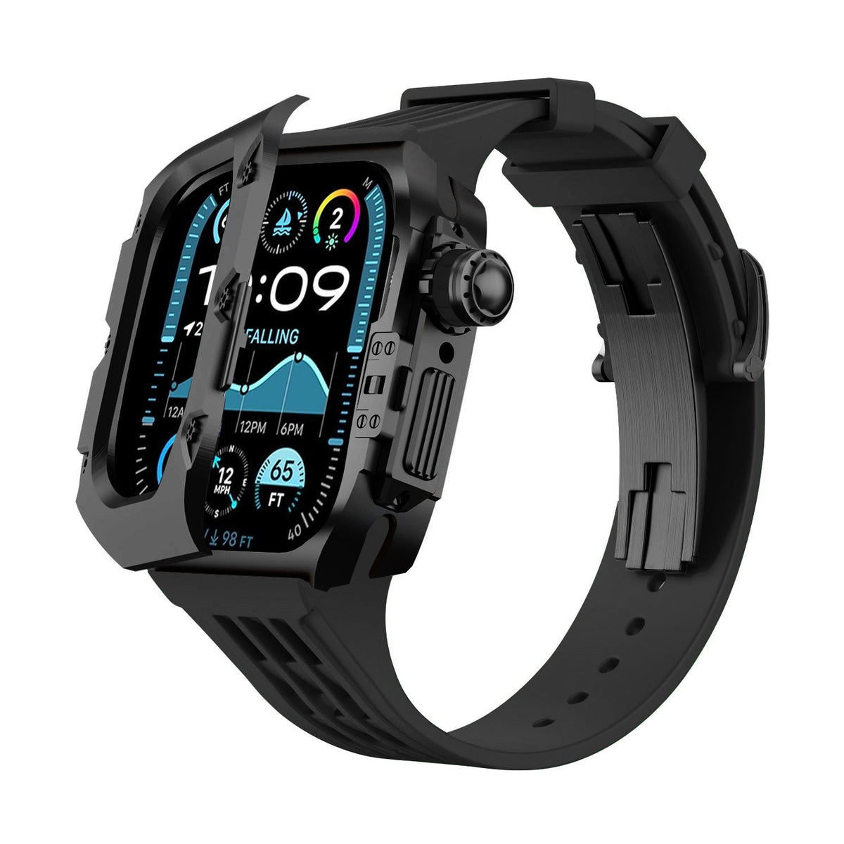 iBandGear Titanium DLC Armor Case with Fluoroelastomer Band for Apple Watch - Black-Black