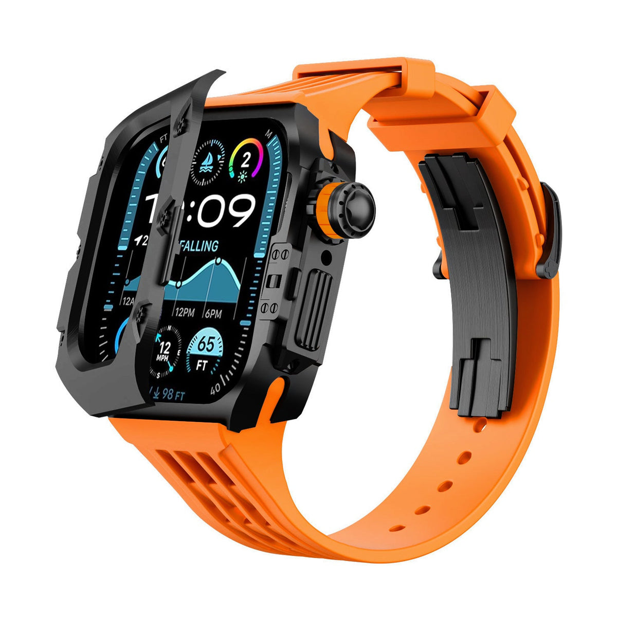 iBandGear Titanium DLC Armor Case with Fluoroelastomer Band for Apple Watch - Black-Orange