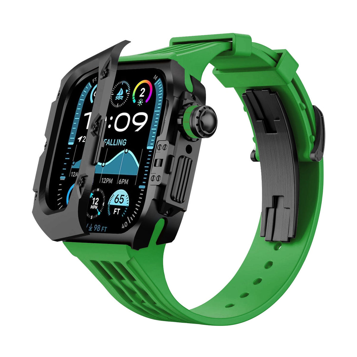 iBandGear Titanium DLC Armor Case with Fluoroelastomer Band for Apple Watch - Black-Green