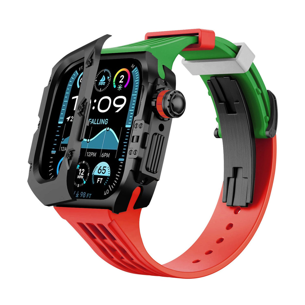 iBandGear Titanium DLC Armor Case with Fluoroelastomer Band for Apple Watch - Black-Red-Green