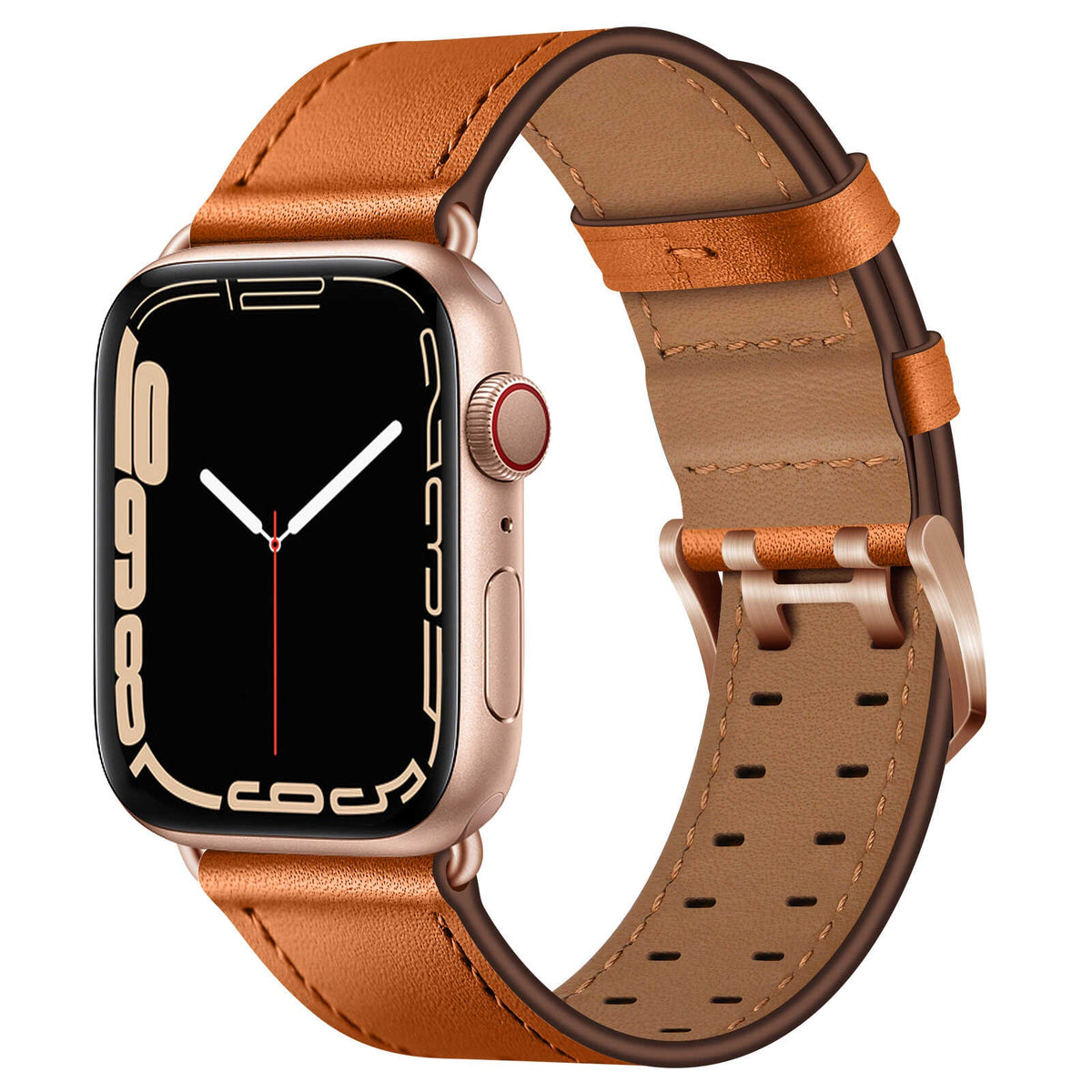 iBandGear Top Grain Leather Band for Apple Watch Classic Pin Buckle Elegant Strap - Brown - Rose Gold