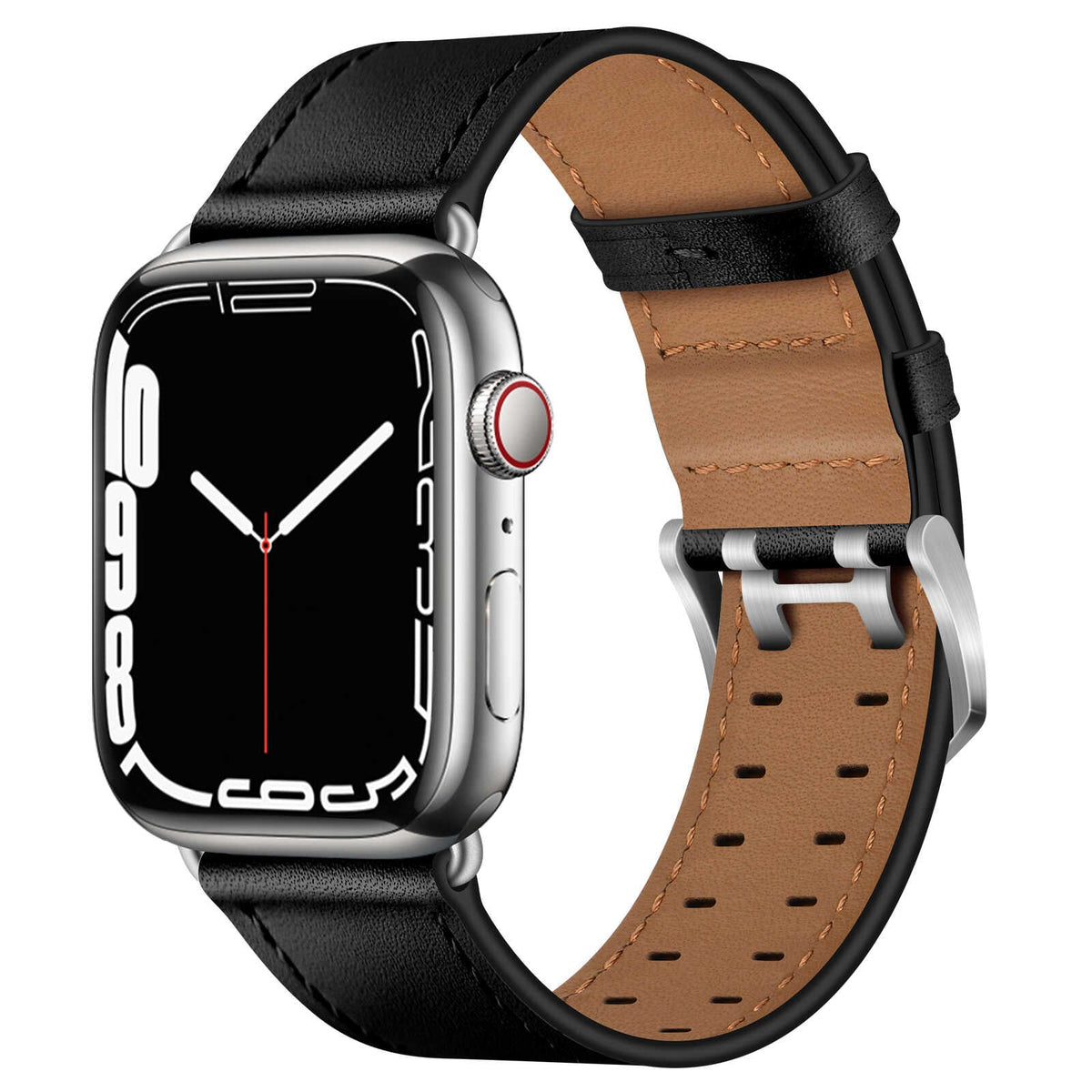 iBandGear Top Grain Leather Band for Apple Watch Classic Pin Buckle Elegant Strap - Black - Silver