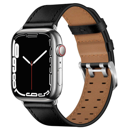 iBandGear Top Grain Leather Band for Apple Watch Classic Pin Buckle Elegant Strap - Black - Silver