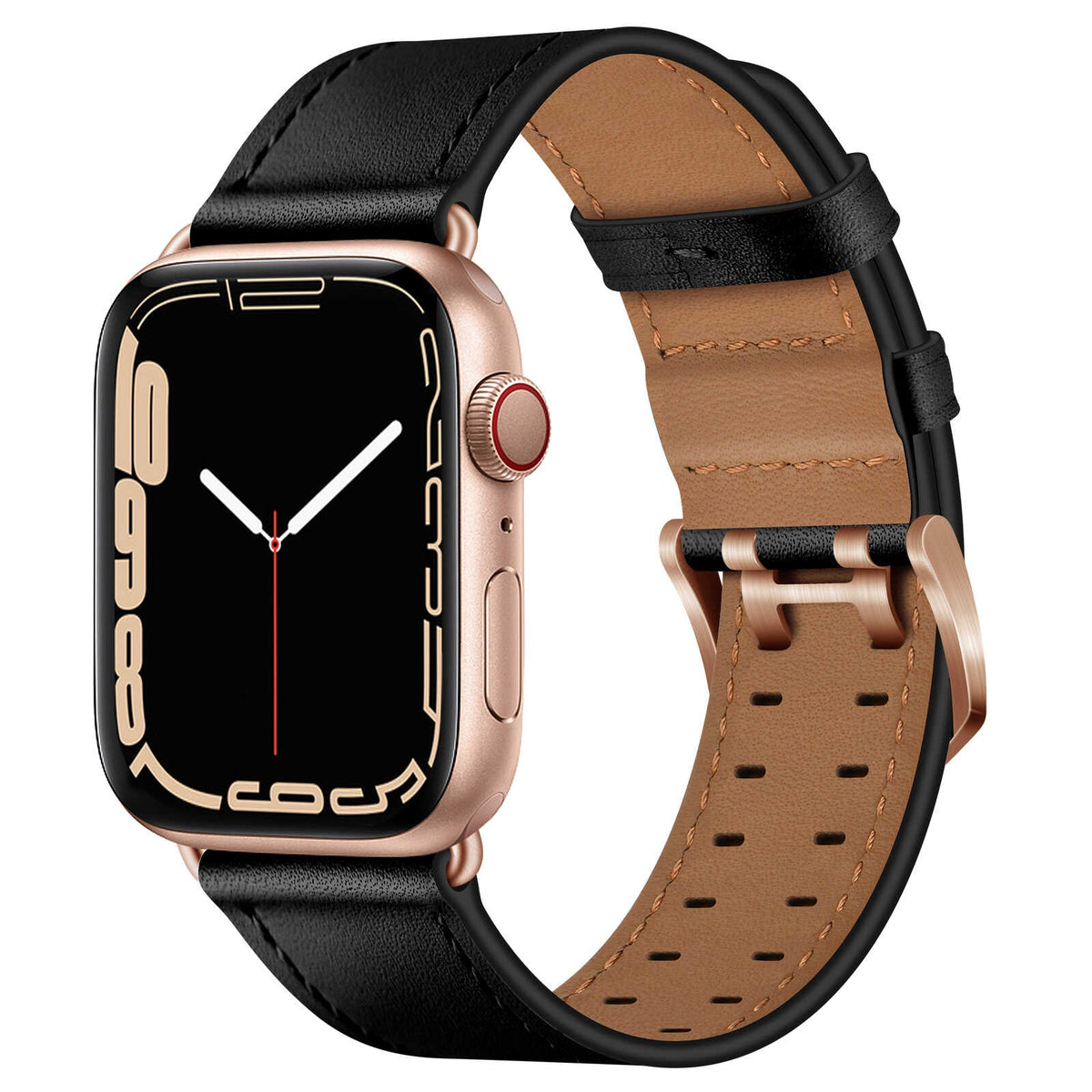 iBandGear Top Grain Leather Band for Apple Watch Classic Pin Buckle Elegant Strap - Black - Rose Gold