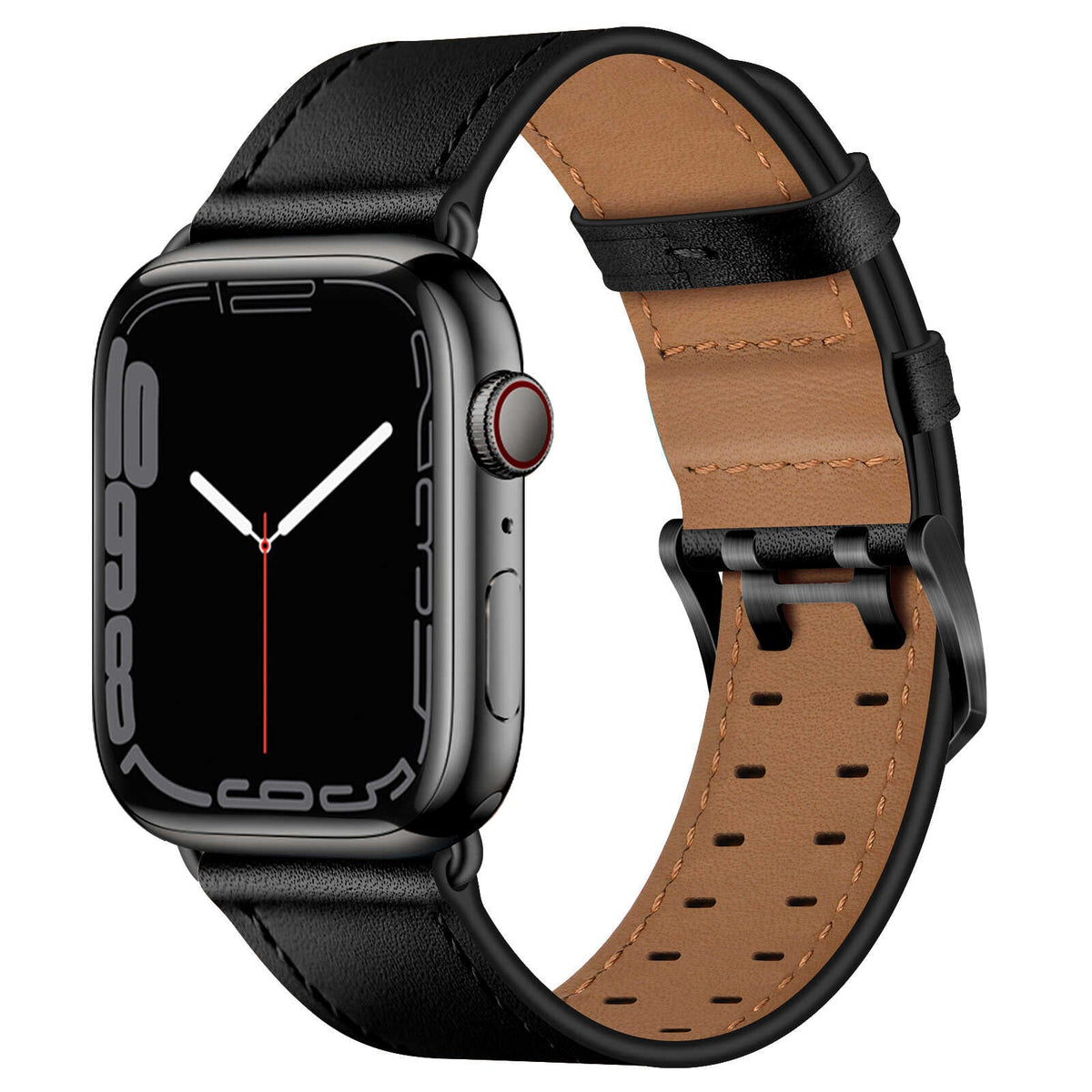 iBandGear Top Grain Leather Band for Apple Watch Classic Pin Buckle Elegant Strap - Black - Black