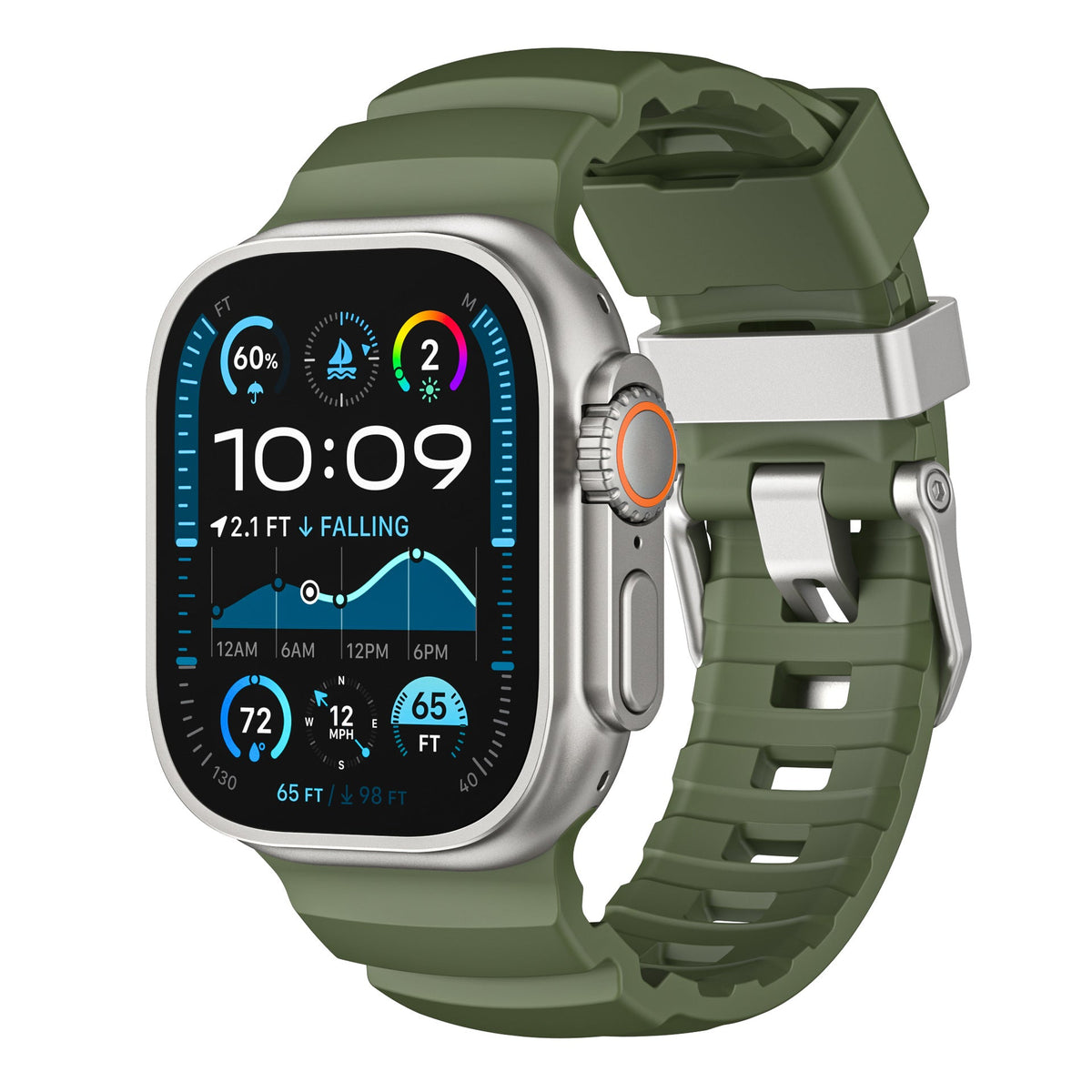 iBandGear TrailFlex Fluoro Rubber Band for Apple Watch - Green–Titanium