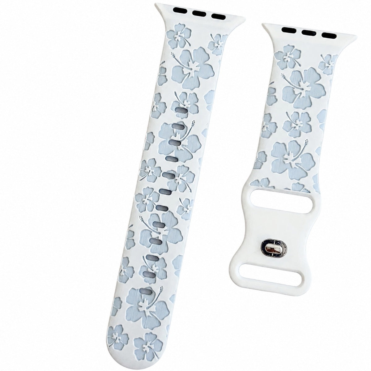 iBandGear Two-Tone Cherry Blossom Engraved Silicone Band for Apple Watch - White-Blue