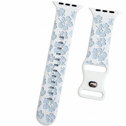 iBandGear Two-Tone Cherry Blossom Engraved Silicone Band for Apple Watch - White-Blue
