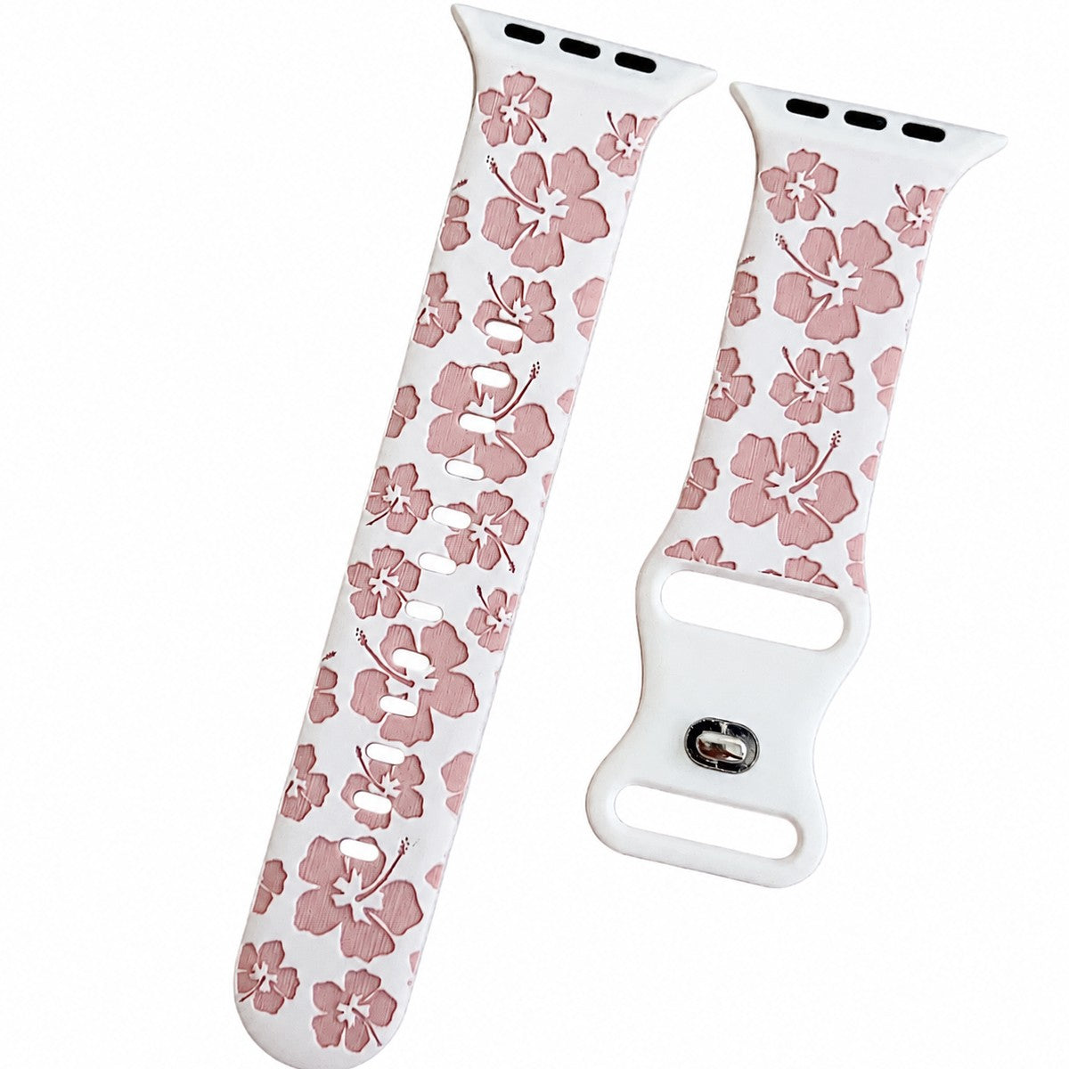 iBandGear Two-Tone Cherry Blossom Engraved Silicone Band for Apple Watch - White-Pink