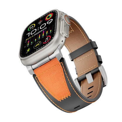 iBandGear Two Tone Leather Band for Apple Watch Signature Stitch Design - Black - Orange