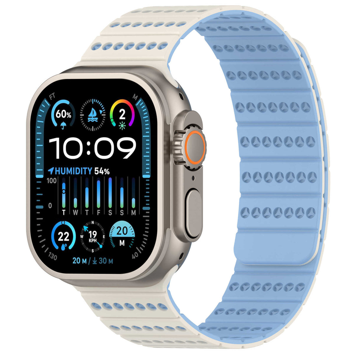 iBandGear Two-Tone Magnetic Silicone Band for Apple Watch Breathable Sport Strap - Antique White-Mist Blue
