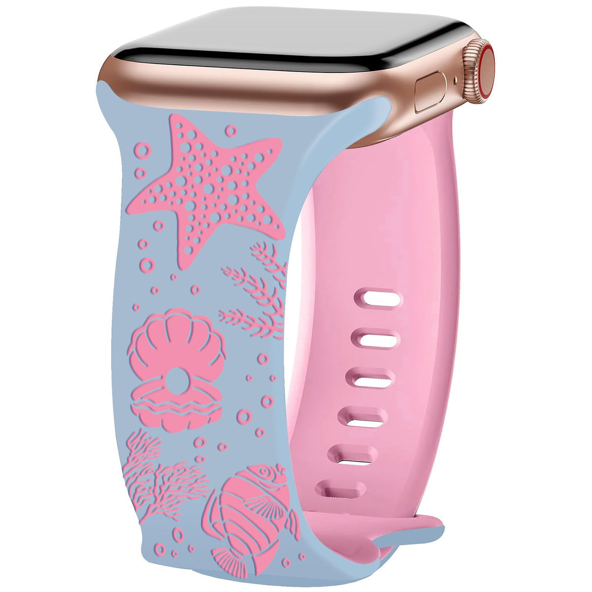 iBandGear Undersea World Laser-Engraved Silicone Band for Apple Watch - Blue-Hot Pink