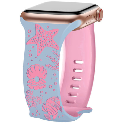 iBandGear Undersea World Laser-Engraved Silicone Band for Apple Watch - Blue-Hot Pink
