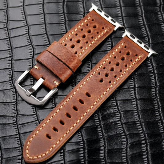 iBandGear Vintage Leather Band for Apple Watch Thick Cowhide Strap - Brown-Silver