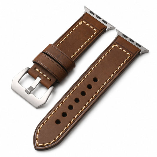 iBandGear Vintage Stitched Leather Band for Apple Watch - Brown-Silver